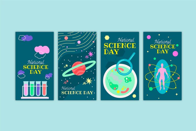 Vector gratuito colección plana de historias de instagram del día nacional de la ciencia