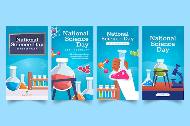 Vector gratuito colección plana de historias de instagram del día nacional de la ciencia