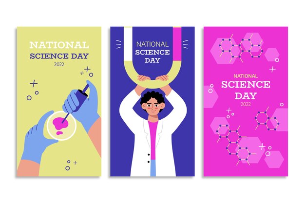 Vector gratuito colección plana de historias de instagram del día nacional de la ciencia