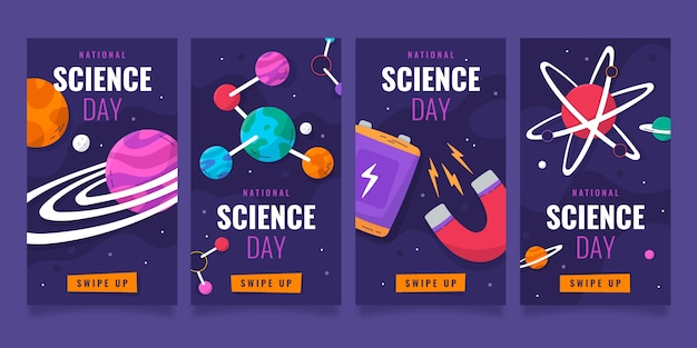 Vector gratuito colección plana de historias de instagram del día nacional de la ciencia