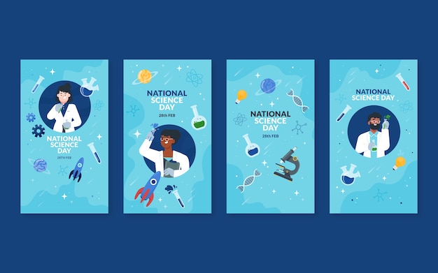 Vector gratuito colección plana de historias de instagram del día nacional de la ciencia