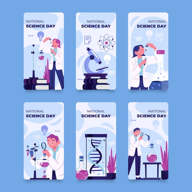 Colección plana de historias de instagram del día nacional de la ciencia