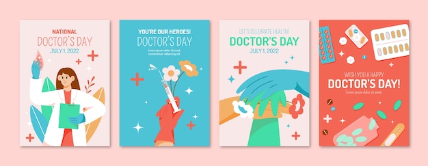 Vector gratuito colección plana de historias de instagram del día nacional del médico