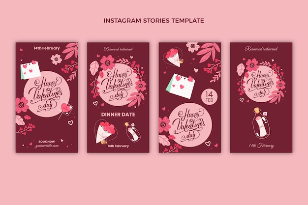 Vector gratuito colección plana de historias de instagram del día de san valentín