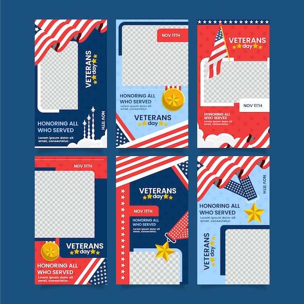 Vector gratuito colección plana de historias de instagram del día de los veteranos