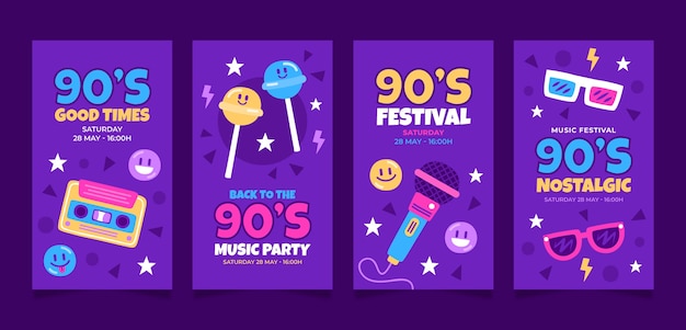 Colección plana de historias de instagram de fiesta de los 90