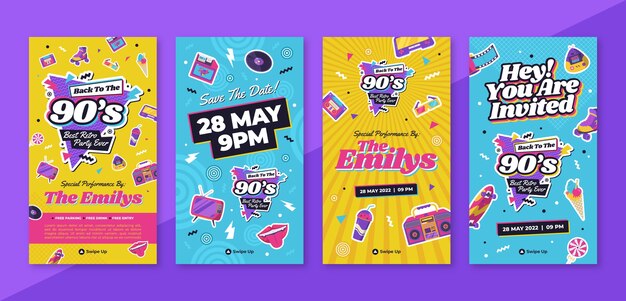Colección plana de historias de instagram de fiesta de los 90