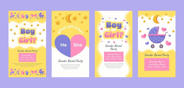 Colección plana de historias de instagram para fiesta de revelación de género