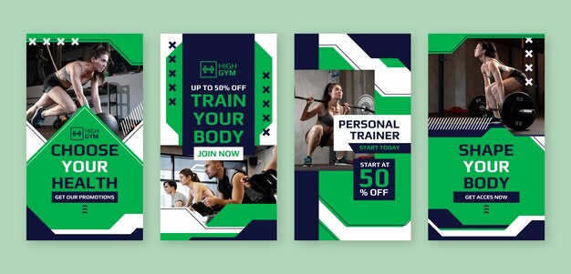 Colección plana de historias de instagram de gimnasio y ejercicio