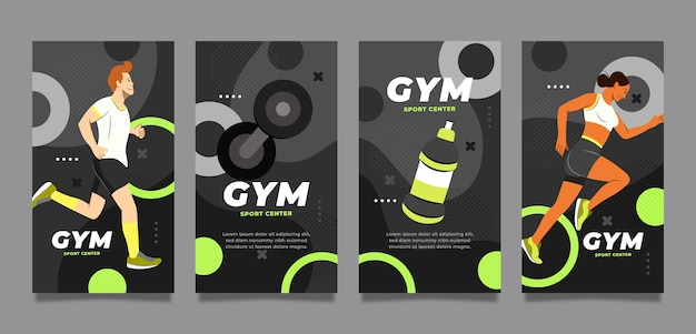 Vector gratuito colección plana de historias de instagram de gimnasio y ejercicio