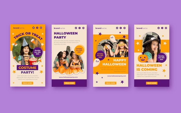 Vector gratuito colección plana de historias de instagram de halloween con foto