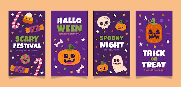 Vector gratuito colección plana de historias de instagram de halloween