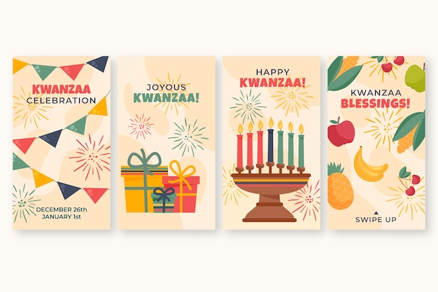 Vector gratuito colección plana de historias de instagram de kwanzaa