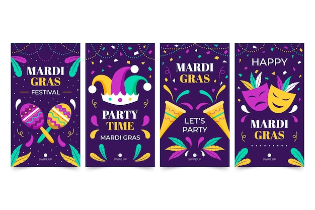 Vector gratuito colección plana de historias de instagram de mardi gras