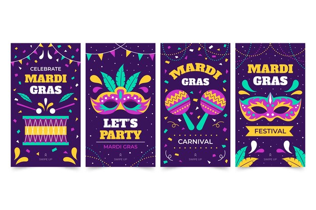 Colección plana de historias de instagram de mardi gras