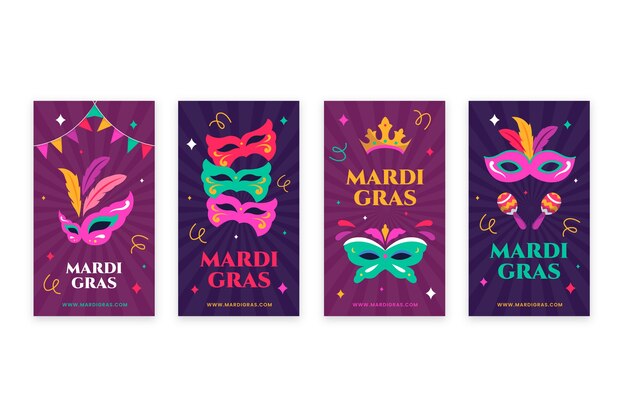 Vector gratuito colección plana de historias de instagram de mardi gras