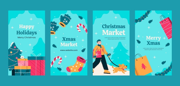 Colección plana de historias de instagram para el mercado navideño.
