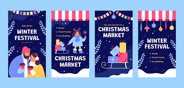 Colección plana de historias de instagram para el mercado navideño.