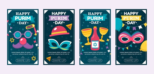Colección plana de historias de instagram de purim