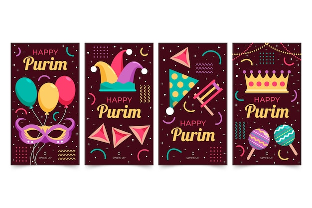 Colección plana de historias de instagram de purim