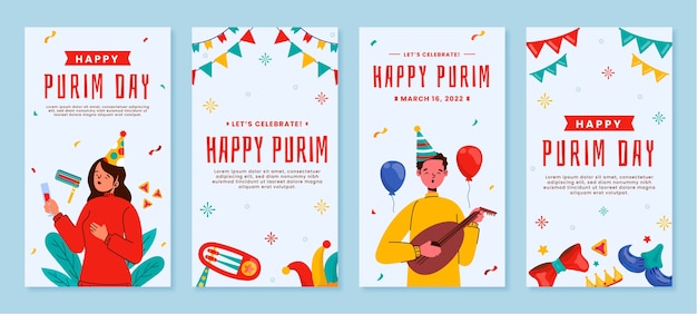 Colección plana de historias de instagram de purim