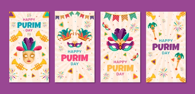 Colección plana de historias de instagram de purim