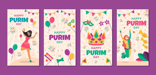 Colección plana de historias de instagram de purim