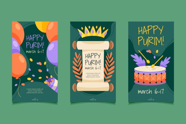 Colección plana de historias de instagram de purim