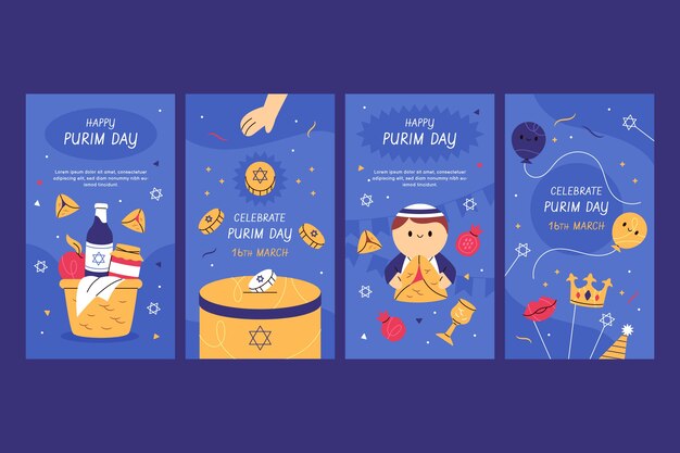 Colección plana de historias de instagram de purim