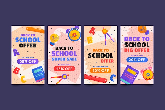 Vector gratuito colección plana de historias de instagram de regreso a la escuela