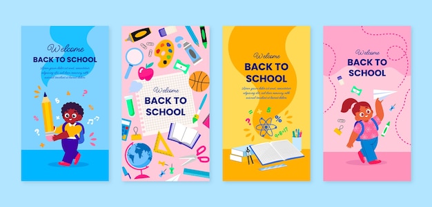 Vector gratuito colección plana de historias de instagram de regreso a la escuela