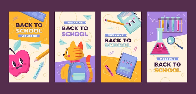 Vector gratuito colección plana de historias de instagram de regreso a la escuela