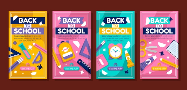 Vector gratuito colección plana de historias de instagram de regreso a la escuela