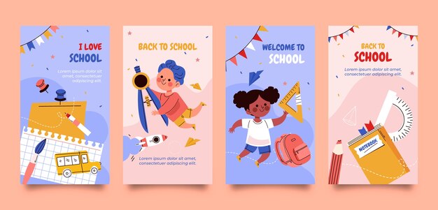 Vector gratuito colección plana de historias de instagram de regreso a la escuela