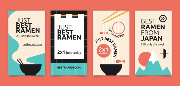 Colección plana de historias de instagram de restaurante japonés con comida tradicional