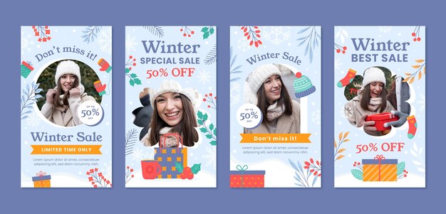 Colección plana de historias de Instagram para la temporada de invierno