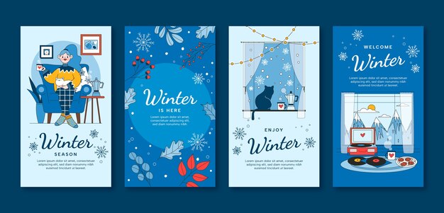 Colección plana de historias de instagram para la temporada de invierno.