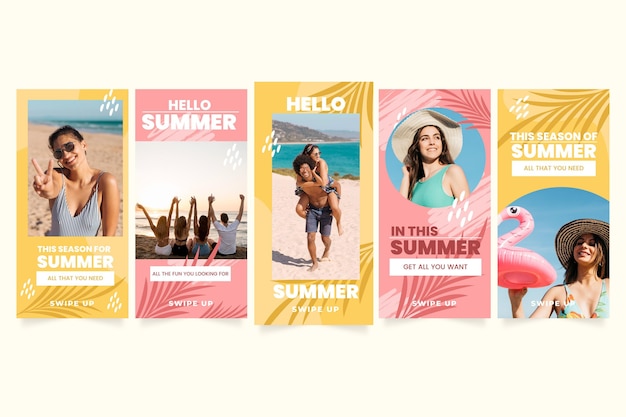 Vector gratuito colección plana de historias de instagram de verano con foto