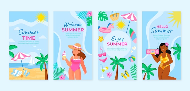 Vector gratuito colección plana de historias de instagram de verano