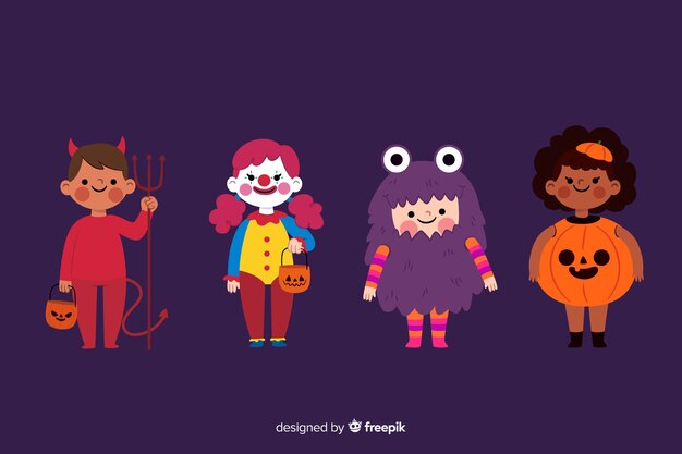 Colección plana de niños de halloween sobre fondo morado