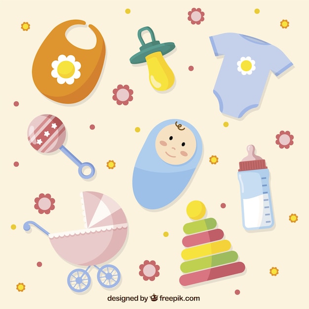 Colección plana de objetos coloridos para bebés