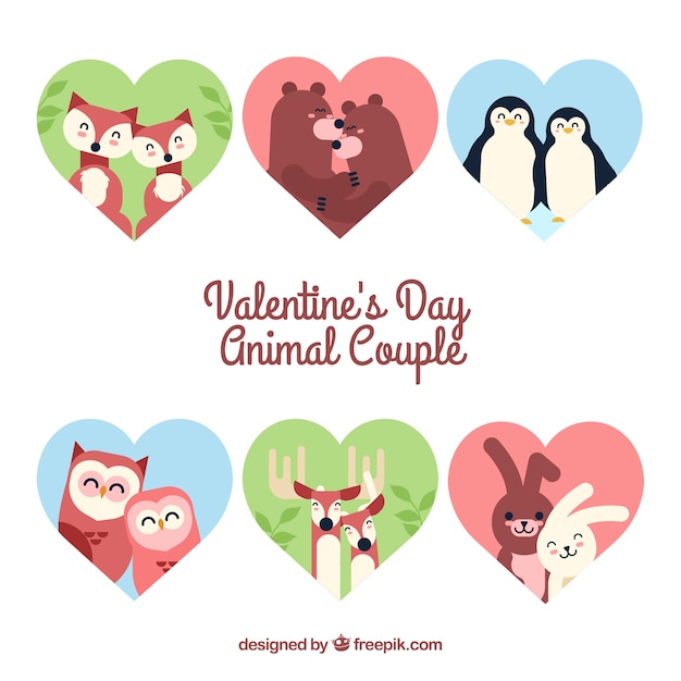 Vector gratuito colección plana de parejas de animales del día de san valentín