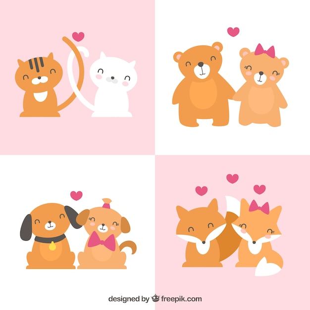 Colección plana de parejas de animales de san valentín