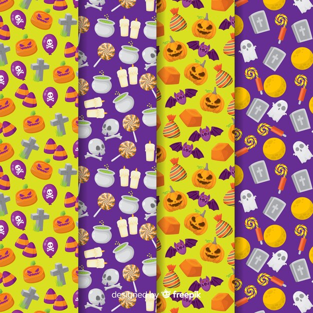 Colección plana de patrones de halloween sobre fondo amarillo y morado