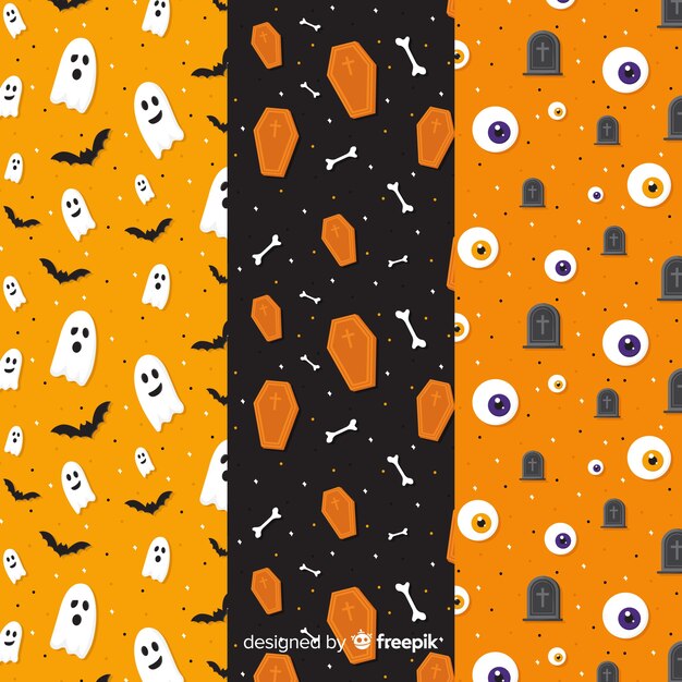 Colección plana de patrones de halloween en tonos naranjas