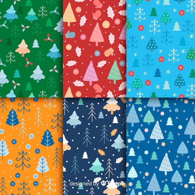 Colección plana de patrones de navidad con árboles