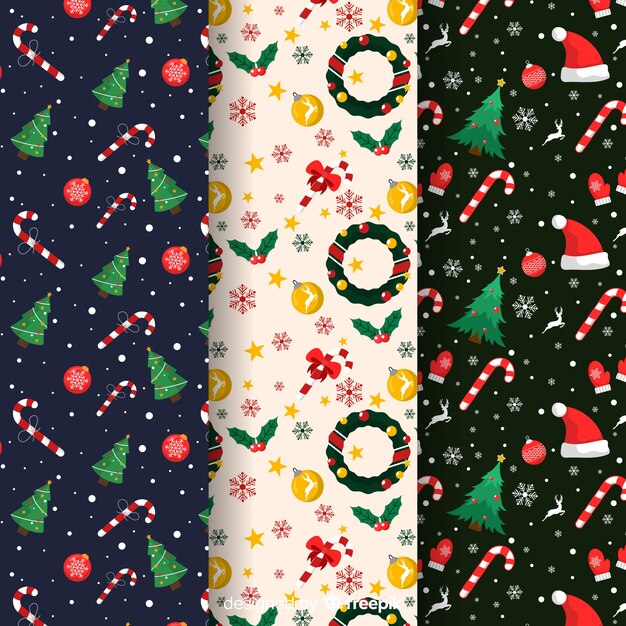 Colección plana de patrones de navidad con corona y árboles