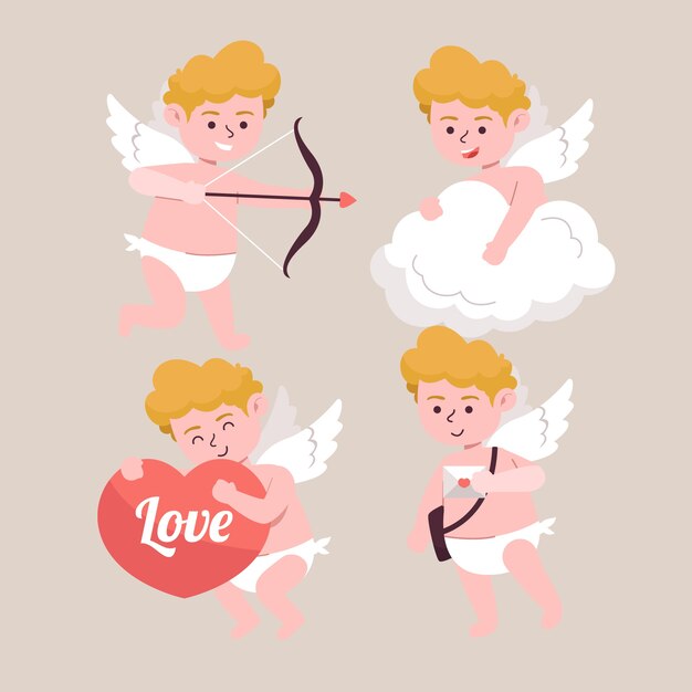 Colección plana de personajes de cupido del día de san valentín