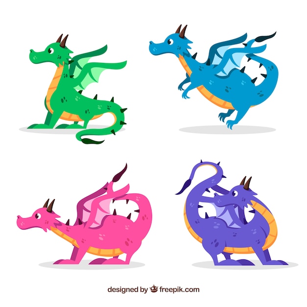 Colección plana de personajes de dragón con estilo divertido