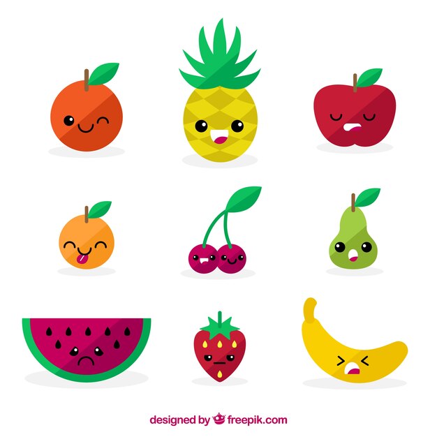 Colección plana de personajes de fruta expresivos